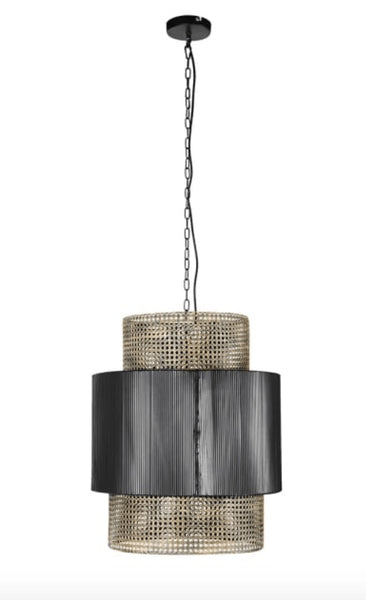 Black and Rattan Effect Metal Pendant Light