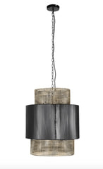 Black and Rattan Effect Metal Pendant Light